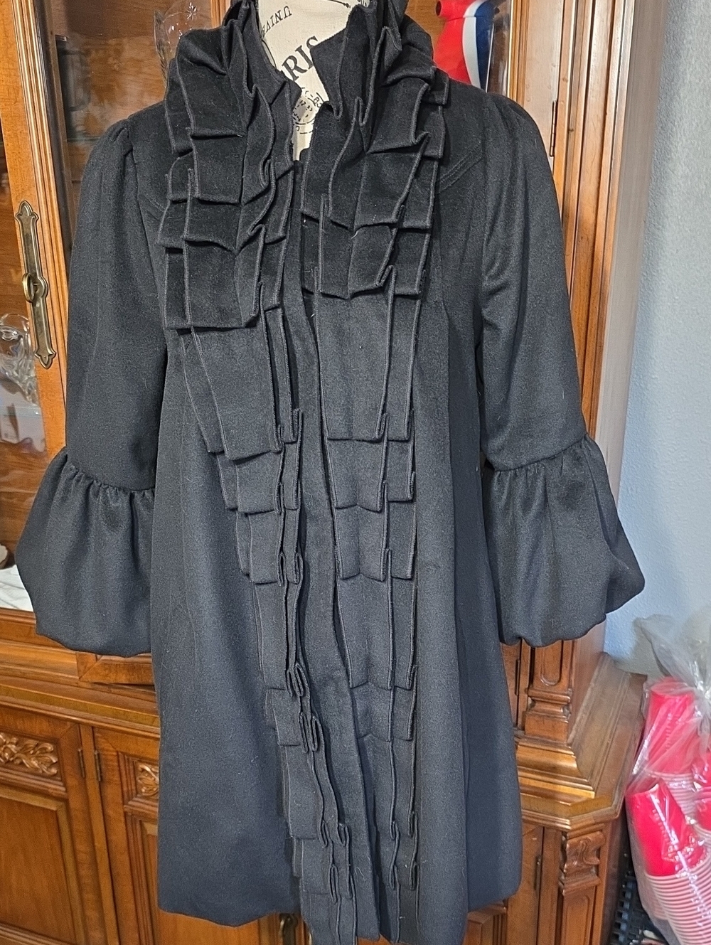 A'Reve Black Ruffle-Front Long Sleeve Dress Coat